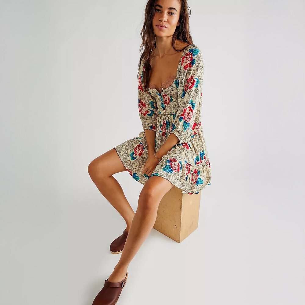 Free People Summer Picnic Printed Mini Dress in Creme - sz XS